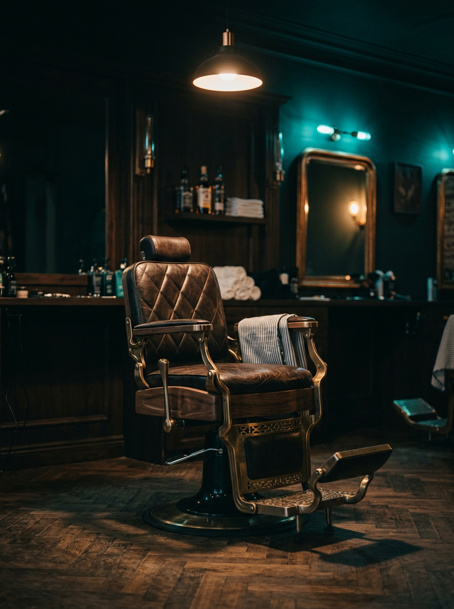 Interior of the shop with a vintage leather barber chair under warm light