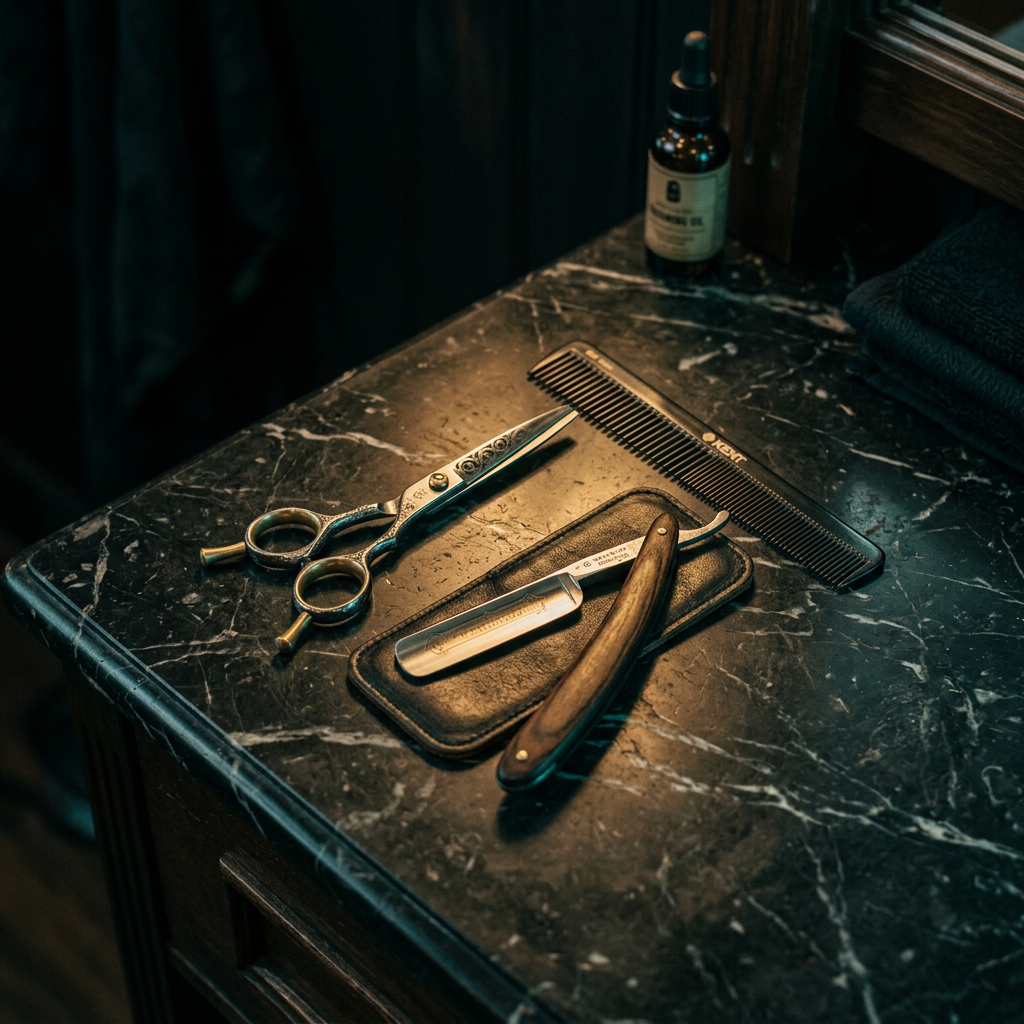 Barber tools laid out on a marble counter
